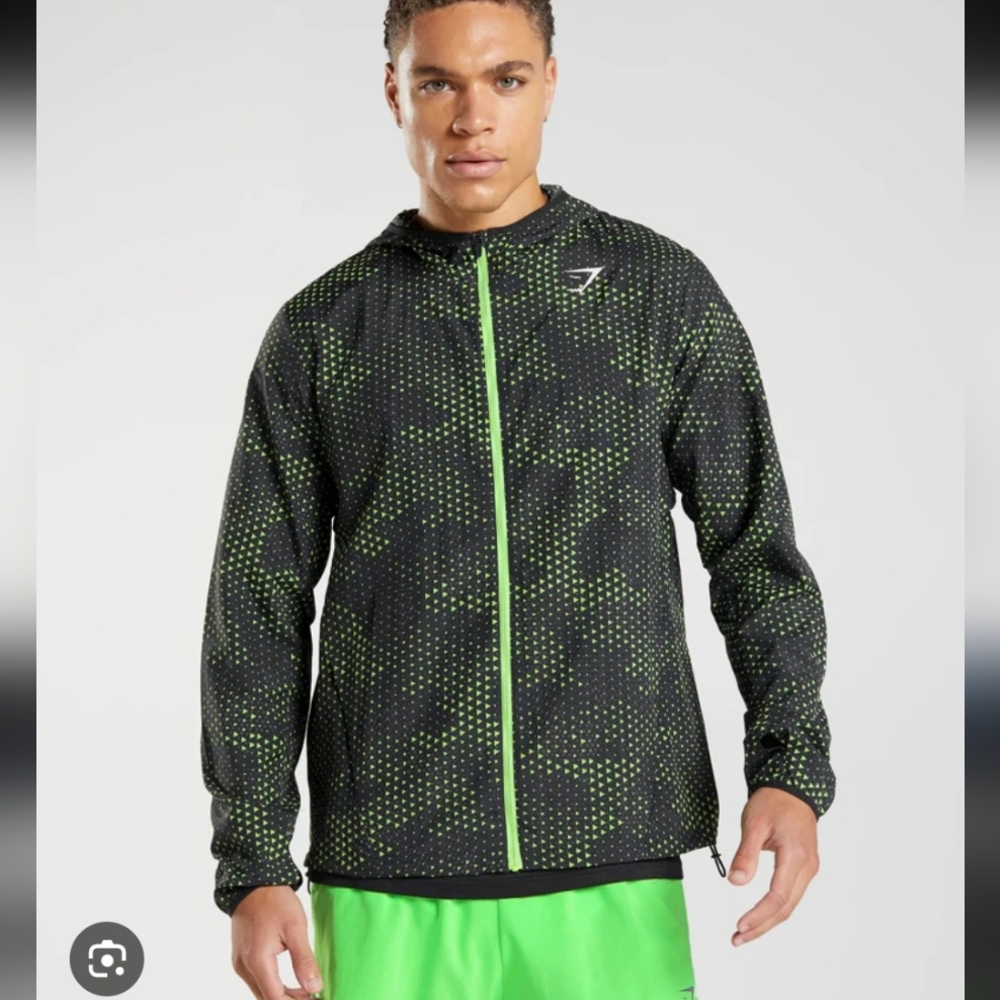 589-Gymshark (Fit Med) Green and Black Hooded Jacket Fit Un To Medium‎ Mens